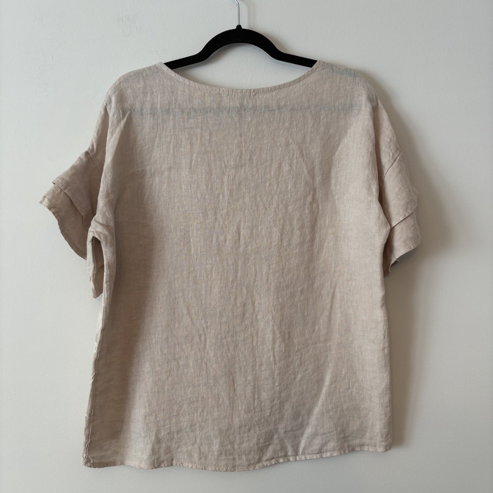 100% Linen Floral Embroidered Flutter Sleeve Top Beige S Lagenlook Artsy Coastal - Picture 2 of 9